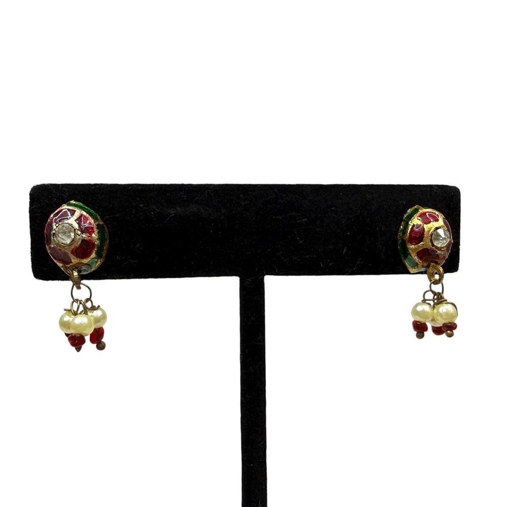 Vintage Gold Tone Enamel Pearl Drop Dangle Earrings Colorful Jewelry 7/8 in